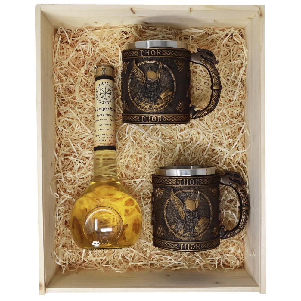 Geschenkset Elixierflasche Wikingertrank Honig-Apfel mit 2x Krug und Gravur