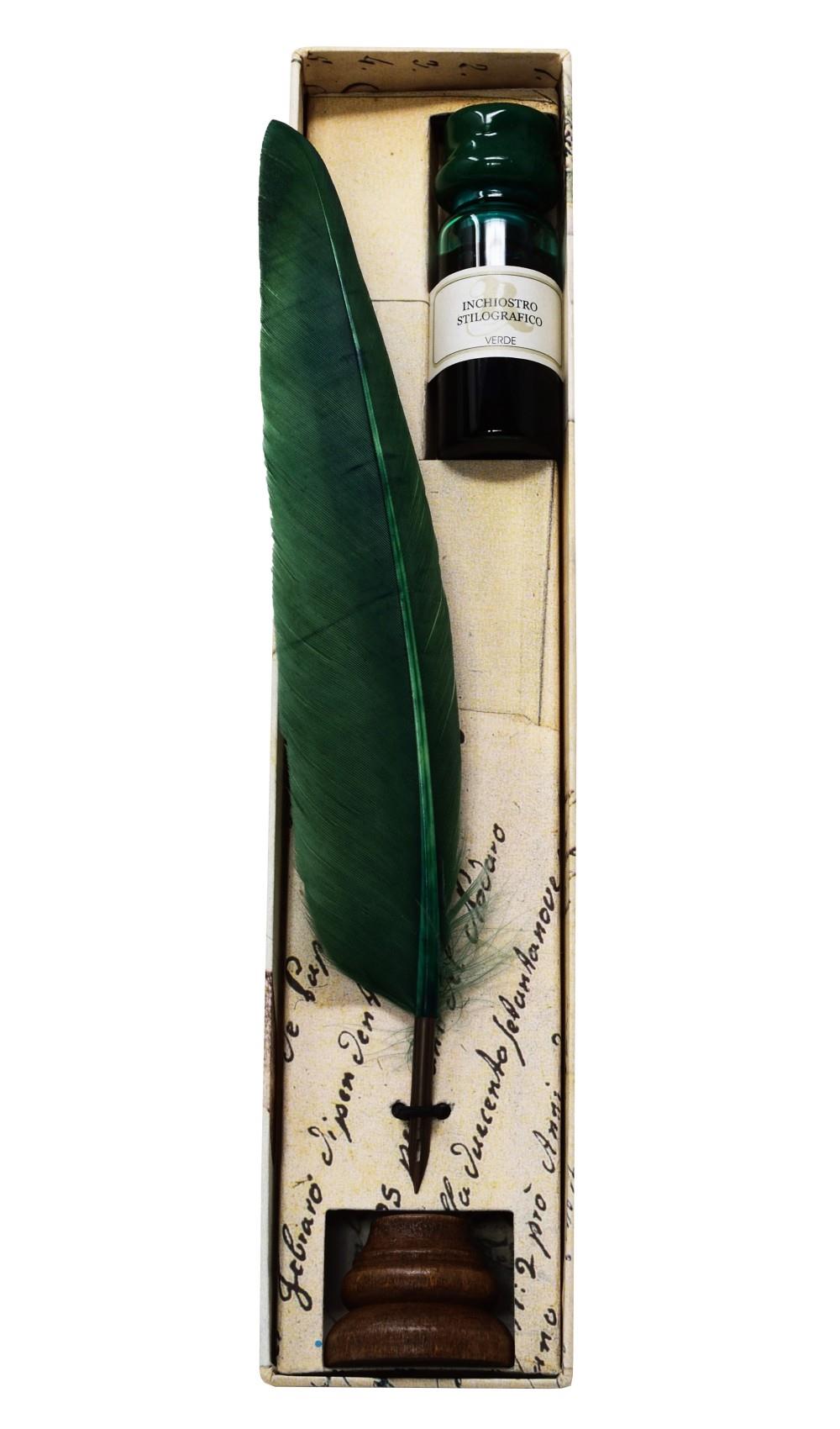 Schreibset mit kleiner Feder, Holzständer und Tinte