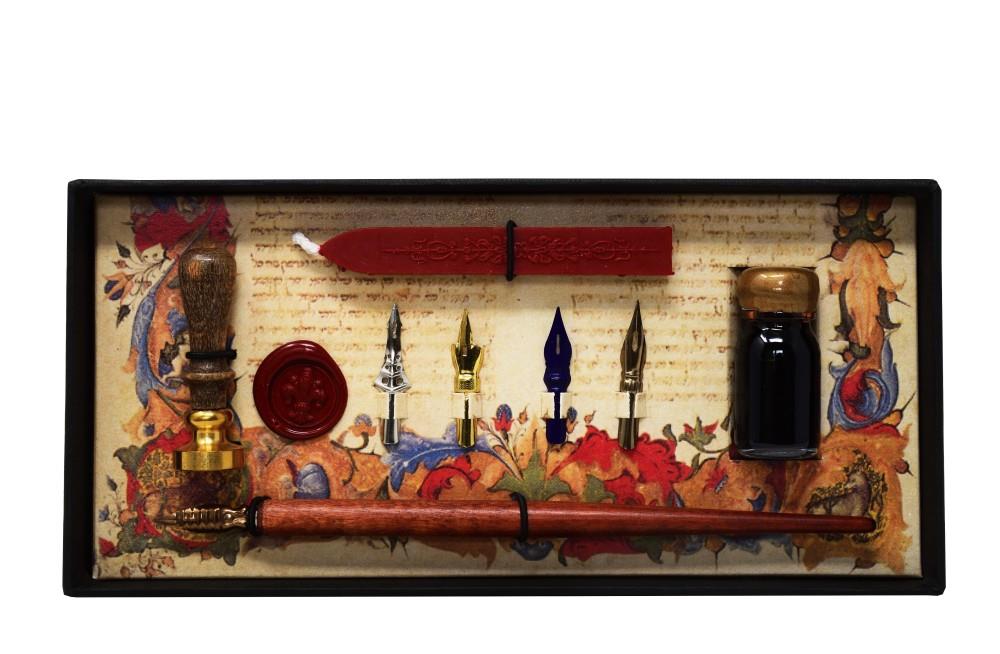 Schreibset mit Federhalter, Federn, Siegel und Wachs